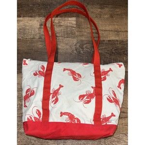 Boston Hand Print Vintage Tote Bag Lobsters Folk Beach Red White Canvas Zip USA